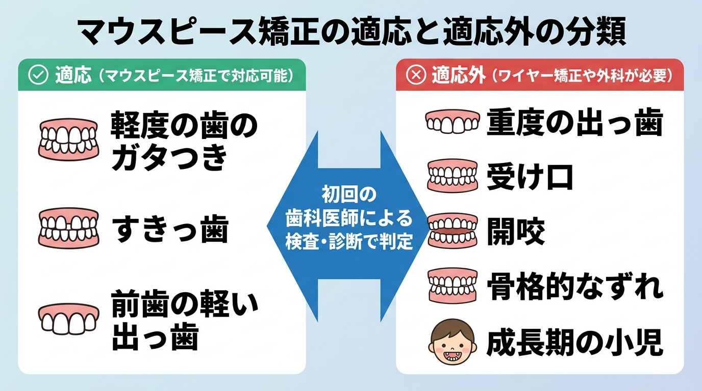 マウスピース矯正の適応・適応外を分類したチャート。適応（マウスピース矯正で対応可能）=軽度の歯のガタつき・すきっ歯・前歯の軽い出っ歯、適応外（ワイヤー矯正や外科が必要）=重度の出っ歯・受け口・開咬・骨格的なずれ・成長期の小児、を左右に分けて図示。中央に『初回の歯科医師による検査・診断で判定』の矢印を配置