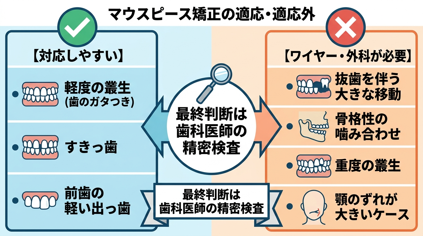 マウスピース矯正の適応・適応外を分ける図解イラスト。左側【対応しやすい】軽度の叢生（歯のガタつき）、すきっ歯、前歯の軽い出っ歯。右側【ワイヤー・外科が必要】抜歯を伴う大きな移動、骨格性の噛み合わせ、重度の叢生、顎のずれが大きいケース。中央に『最終判断は歯科医師の精密検査』の矢印
