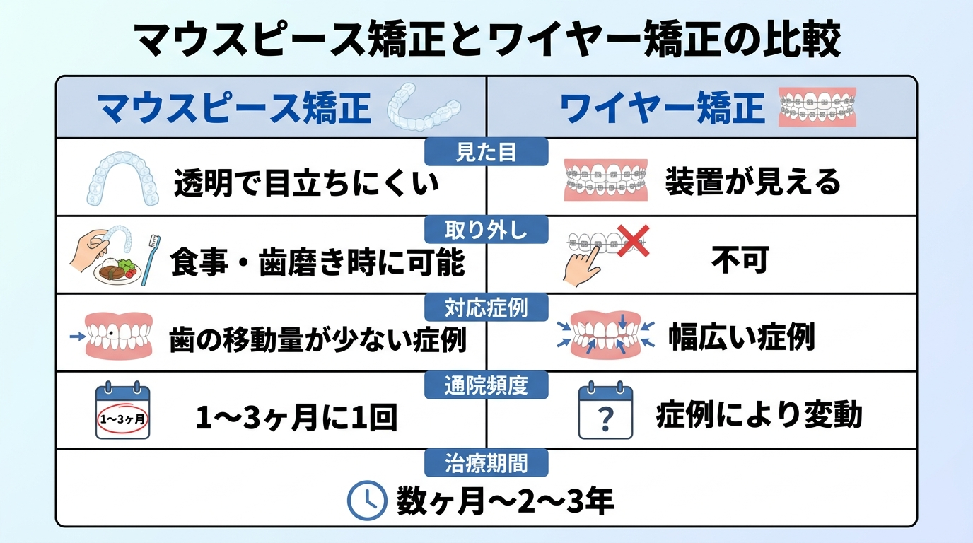 マウスピース矯正とワイヤー矯正の比較表インフォグラフィック。見た目（マウスピース:透明で目立ちにくい/ワイヤー:装置が見える）、取り外し（マウスピース:食事・歯磨き時に可能/ワイヤー:不可）、対応症例（マウスピース:歯の移動量が少ない症例/ワイヤー:幅広い症例）、通院頻度（マウスピース:1〜3ヶ月に1回/ワイヤー:症例により変動）、治療期間（数ヶ月〜2〜3年）の5項目を2列で比較