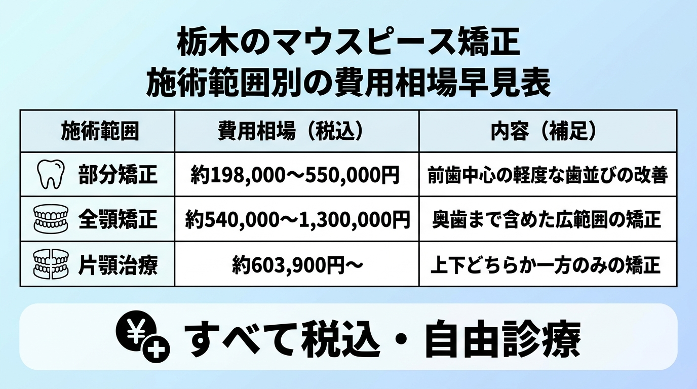 栃木のマウスピース矯正 施術範囲別の費用相場早見表。部分矯正:約198,000〜550,000円(前歯中心の軽度な歯並びの改善)、全顎矯正:約540,000〜1,300,000円(奥歯まで含めた広範囲の矯正)、片顎治療:約603,900円〜(上下どちらか一方のみの矯正)。すべて税込・自由診療の注記付き