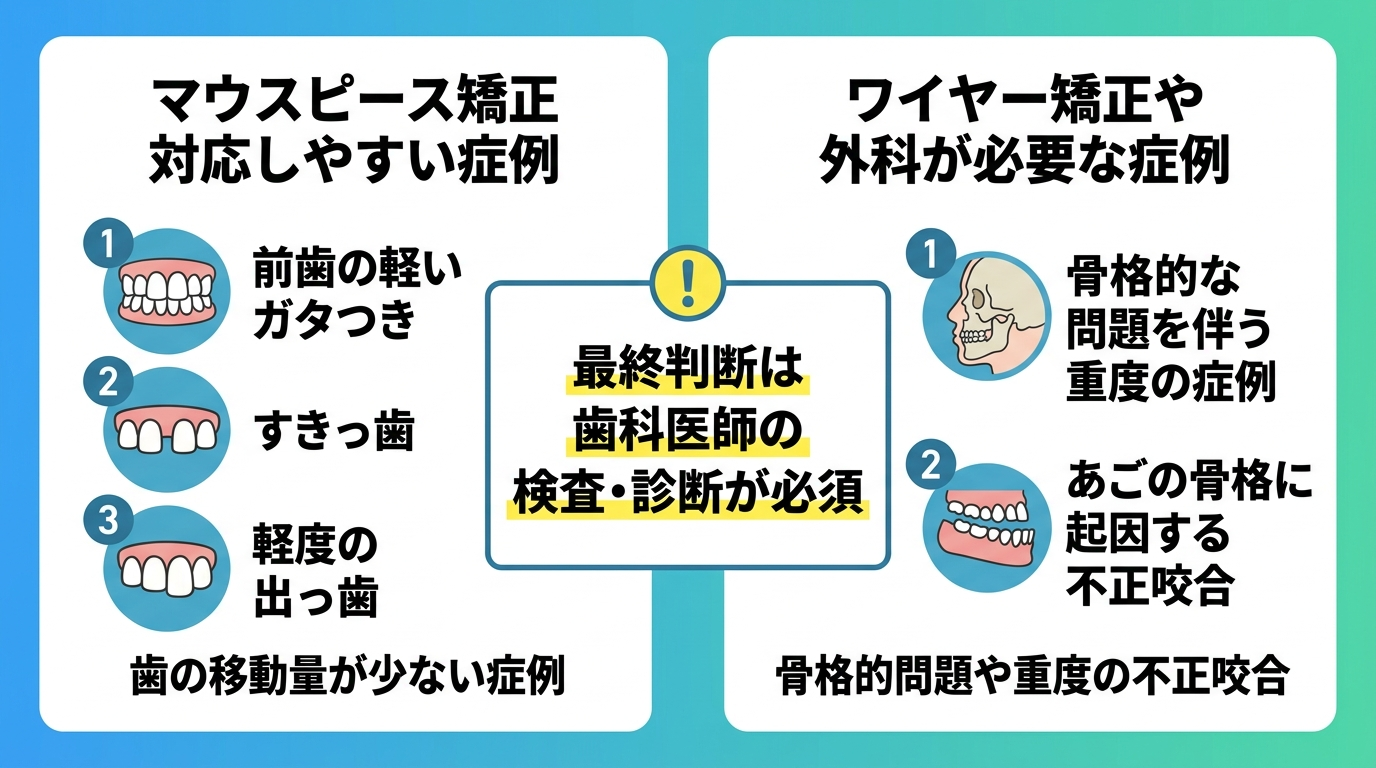 マウスピース矯正の適応・適応外の判別チャート。対応しやすい症例:前歯の軽いガタつき、すきっ歯、軽度の出っ歯(歯の移動量が少ない症例)。ワイヤー矯正や外科が必要な症例:骨格的な問題を伴う重度の症例、あごの骨格に起因する不正咬合。中央に「最終判断は歯科医師の検査・診断が必須」の注記