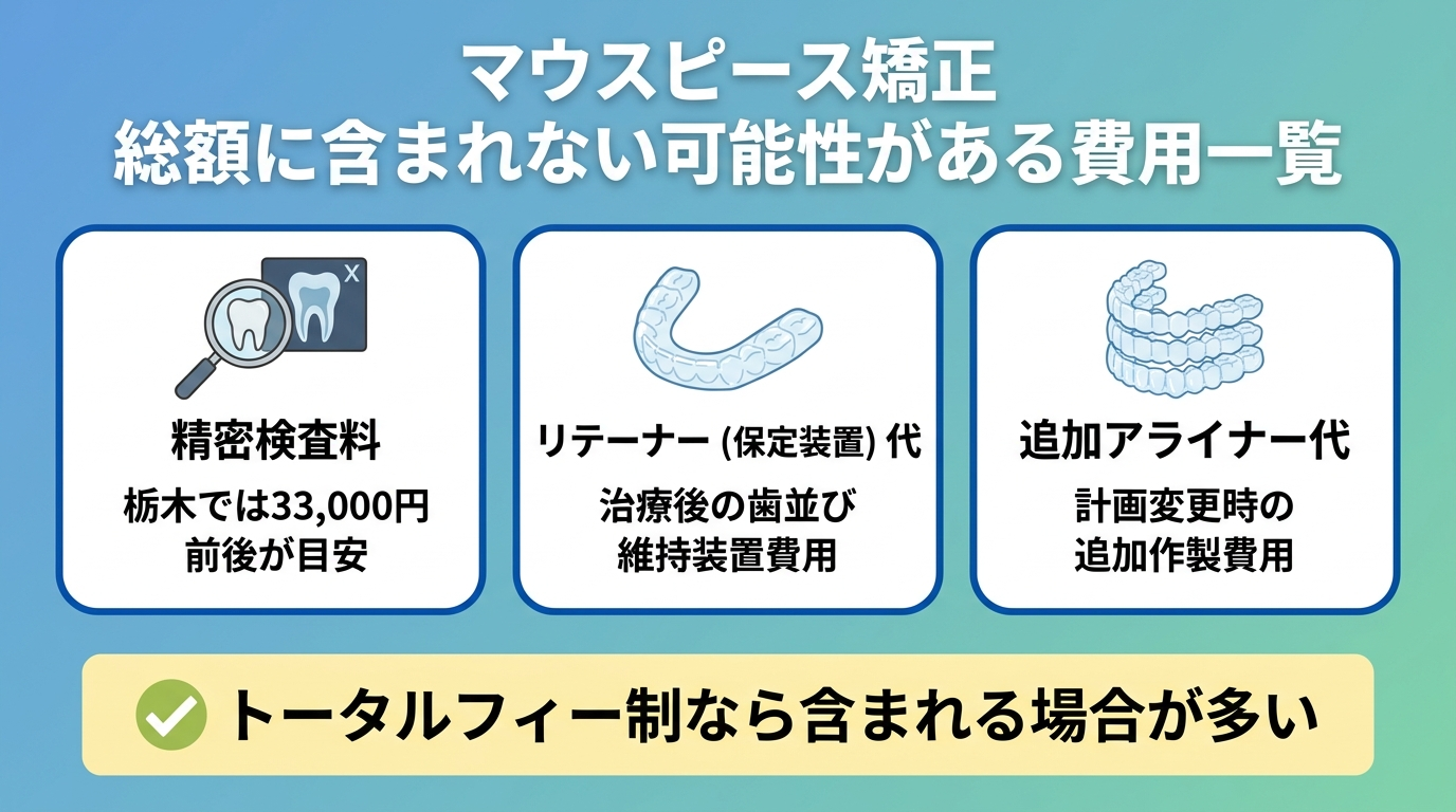マウスピース矯正の総額に含まれない可能性がある費用の一覧インフォグラフィック。精密検査料(栃木では33,000円前後が目安)、リテーナー(保定装置)代、追加アライナー代の3項目をアイコン付きで表示。「トータルフィー制なら含まれる場合が多い」の補足付き
