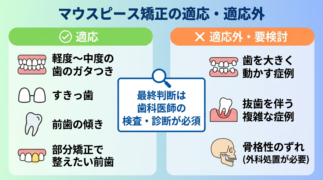 マウスピース矯正の適応・適応外を分けたイラスト図解。左側(適応)に「軽度〜中度の歯のガタつき」「すきっ歯」「前歯の傾き」「部分矯正で整えたい前歯」を並べ、右側(適応外・要検討)に「歯を大きく動かす症例」「抜歯を伴う複雑な症例」「骨格性のずれ(外科処置が必要)」を並べる。中央に「最終判断は歯科医師の検査・診断が必須」と明記