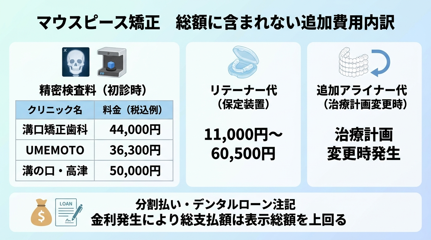 マウスピース矯正の総額に含まれない追加費用の内訳インフォグラフィック。精密検査料(例:溝口矯正歯科44,000円・UMEMOTO 36,300円・溝の口・高津50,000円)、リテーナー代(11,000円〜60,500円)、追加アライナー代(治療計画変更時)を項目化。下部に分割払い・デンタルローン(金利がかかり総支払額は表示総額を上回る点)を注記