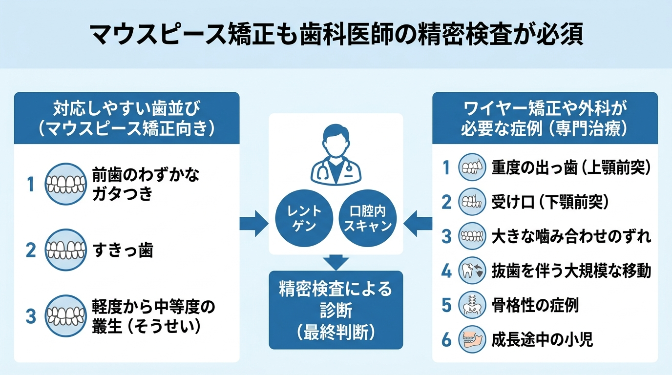 マウスピース矯正の適応・適応外を見分けるフロー図。対応しやすい歯並び(前歯のわずかなガタつき・すきっ歯・軽度の叢生=軽度から中等度)と、ワイヤー矯正や外科が必要になる症例(重度の出っ歯・受け口・大きな噛み合わせのずれ・抜歯を伴う大規模な移動・骨格性の症例・成長途中の小児)を左右に分け、いずれも最終判断は歯科医師の精密検査(レントゲン・口腔内スキャン)が必須であることを中央に示したイラスト