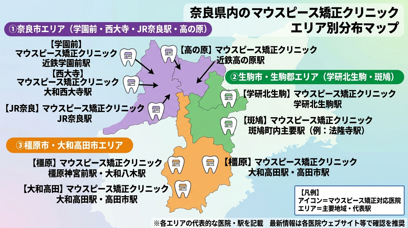奈良県内マウスピース矯正クリニックのエリア別分布マップ風イラスト。奈良市(学園前・西大寺・JR奈良駅・高の原)、生駒市・生駒郡(学研北生駒・斑鳩)、橿原市・大和高田市の3エリアに医院を配置。各エリア名と代表駅を明記。