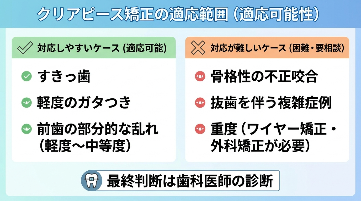 マウスピース矯正の適応範囲を示すイラスト。対応しやすいケース: すきっ歯、軽度のガタつき、前歯の部分的な乱れ(軽度〜中等度)。対応が難しいケース: 骨格性の不正咬合、抜歯を伴う複雑症例、重度(ワイヤー矯正・外科矯正が必要)。最終判断は歯科医師の診断と明記。