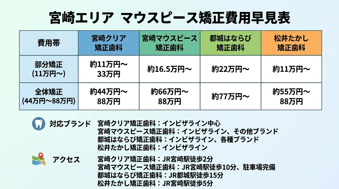 宮崎エリアのマウスピース矯正費用早見表。横軸に医院名(宮崎クリア矯正歯科、宮崎マウスピース矯正歯科、都城はならび矯正歯科、松井たかし矯正歯科)、縦軸に費用帯(部分矯正11万円〜/全体矯正44万円〜88万円)を配置した比較インフォグラフィック。対応ブランド(インビザライン中心)とアクセス(JR宮崎駅徒歩2分など)も併記