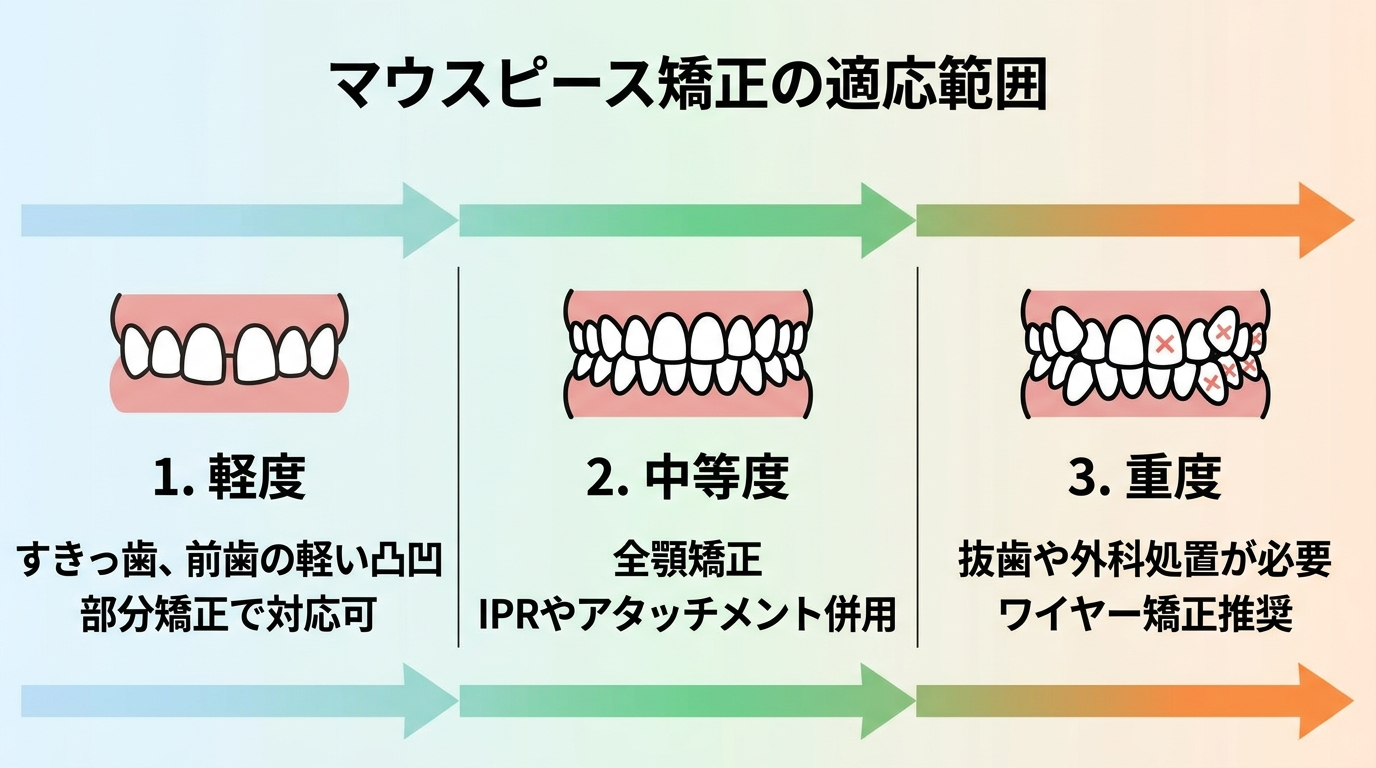 マウスピース矯正の適応範囲を示す図解。3段階(軽度=すきっ歯・前歯の軽い凸凹→部分矯正で対応可、中等度=全顎矯正・IPRやアタッチメント併用、重度=抜歯や外科処置が必要でワイヤー矯正推奨)を横並びで表現したイラスト。適応の境界線を視覚化