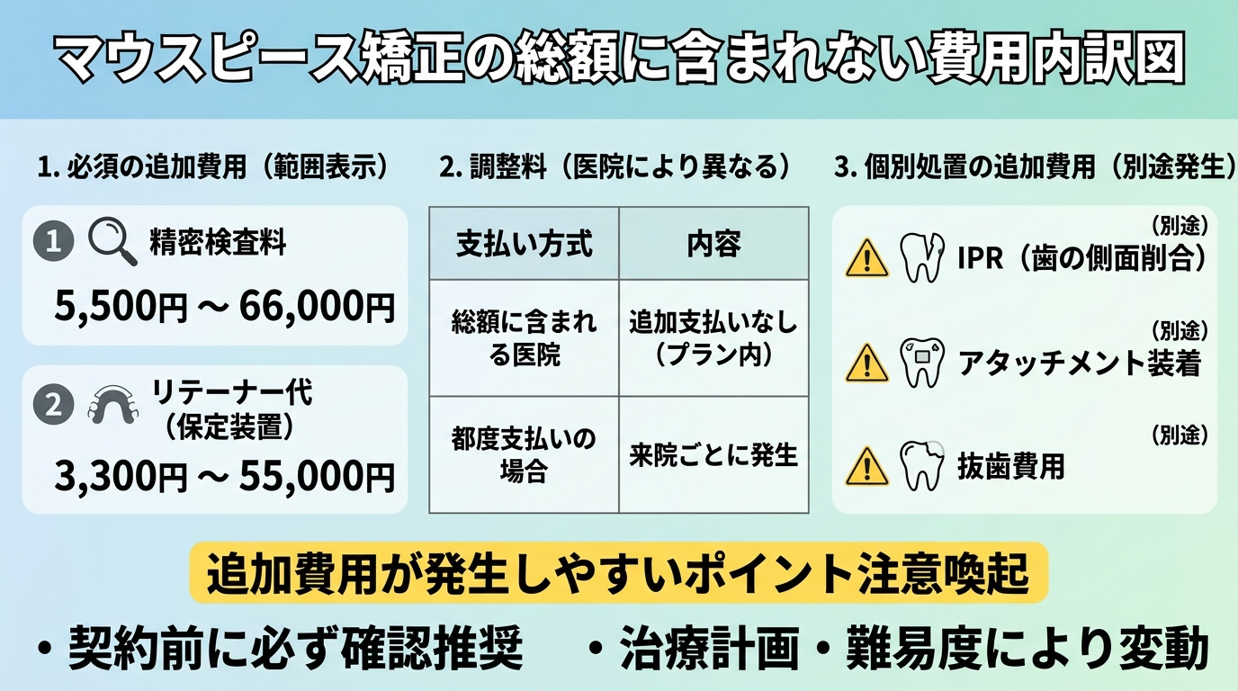 マウスピース矯正の総額に含まれない費用の内訳図。装置代(本体)とは別にかかる項目を一覧化:精密検査料5,500円〜66,000円、リテーナー代3,300円〜55,000円、調整料(医院により含む/都度)、IPR・アタッチメント・抜歯費用(別途)。追加費用が発生しやすいポイントを注意喚起するインフォグラフィック