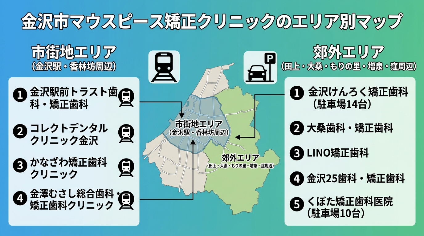 金沢市のマウスピース矯正クリニックのエリア別マップ。市街地エリア(金沢駅・香林坊)に金沢駅前トラスト歯科・矯正歯科、コレクトデンタルクリニック金沢、かなざわ矯正歯科クリニック、金澤むさし総合歯科・矯正歯科クリニックを配置。郊外エリア(田上・大桑・もりの里・増泉・窪)に金沢けんろく矯正歯科(駐車場14台)、大桑歯科・矯正歯科、LINO矯正歯科、金沢25歯科・矯正歯科、くぼた矯正歯科医院(駐車場10台)を配置。駅マーク・駐車場マークで通いやすさを示す