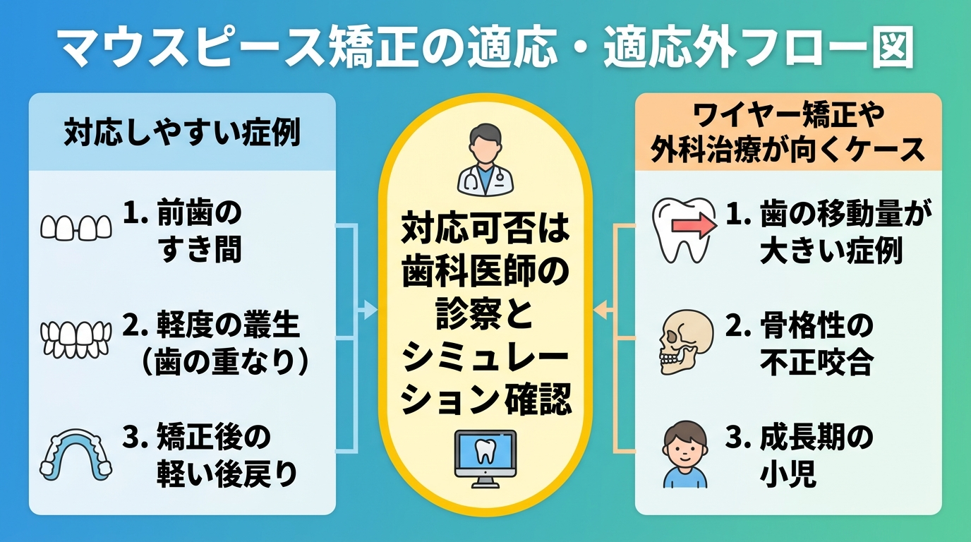 マウスピース矯正の適応・適応外を示すフロー図。左側『対応しやすい症例』に前歯のすき間・軽度の叢生(歯の重なり)・矯正後の軽い後戻りを配置。右側『ワイヤー矯正や外科治療が向くケース』に歯の移動量が大きい症例・骨格性の不正咬合・成長期の小児を配置。中央に『対応可否は歯科医師の診察とシミュレーションで確認』の注記