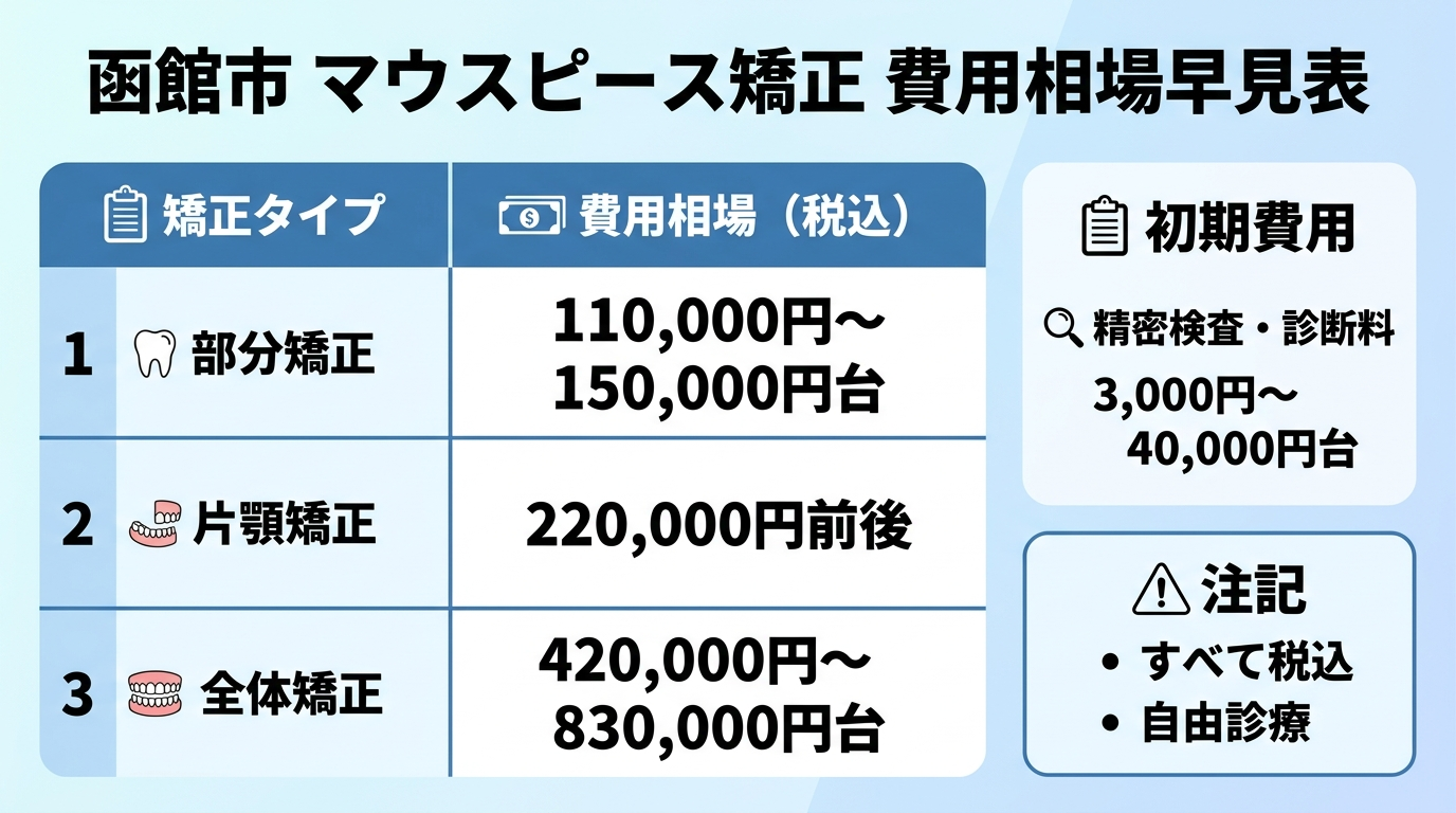 函館市のマウスピース矯正 費用相場早見表。部分矯正:110,000円〜150,000円台、片顎矯正:220,000円前後、全体矯正:420,000円〜830,000円台、精密検査・診断料:3,000円〜40,000円台。すべて税込・自由診療の注記付き