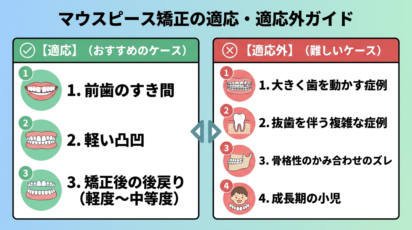 マウスピース矯正の適応・適応外を示すイラスト。適応:前歯のすき間・軽い凸凹・矯正後の後戻り(軽度〜中等度)。適応外:大きく歯を動かす症例・抜歯を伴う複雑な症例・骨格性のかみ合わせのズレ・成長期の小児
