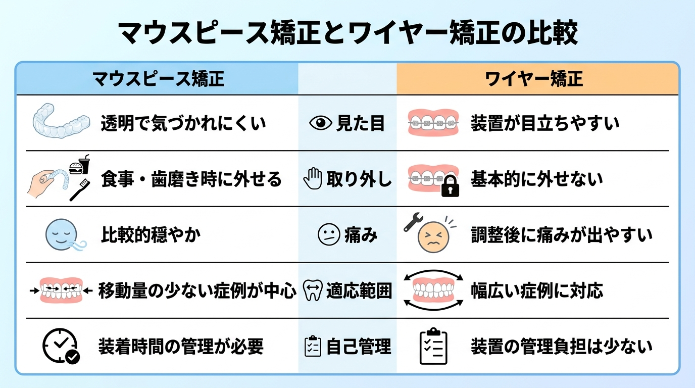 マウスピース矯正とワイヤー矯正の比較表イラスト。見た目:透明で気づかれにくいvs装置が目立ちやすい、取り外し:食事・歯磨き時に外せるvs基本的に外せない、痛み:比較的穏やかvs調整後に痛みが出やすい、適応範囲:移動量の少ない症例が中心vs幅広い症例に対応、自己管理:装着時間の管理が必要vs装置の管理負担は少ない