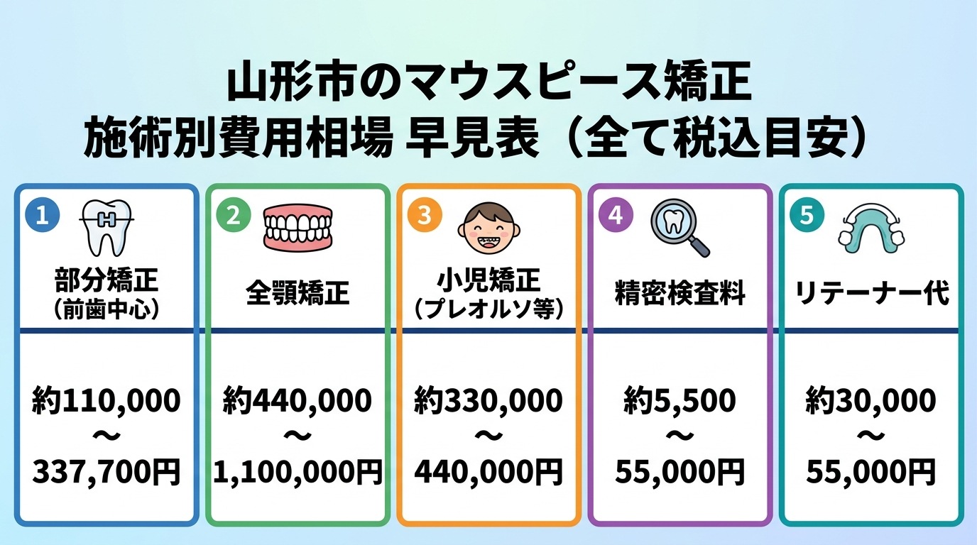 山形市のマウスピース矯正 施術別費用相場の早見表。部分矯正（前歯中心）約110,000〜337,700円、全顎矯正 約440,000〜1,100,000円、小児矯正（プレオルソ等）約330,000〜440,000円、精密検査料 約5,500〜55,000円、リテーナー代 約30,000〜55,000円。全て税込目安。