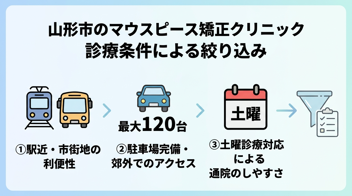 山形市のマウスピース矯正クリニックを診療条件で絞り込むイラスト。3つのアイコン：①駅近・市街地（電車・バスアイコン）、②駐車場完備・郊外（車アイコン、最大120台）、③土曜診療対応（カレンダーアイコン）。