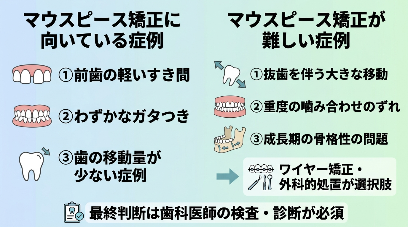 マウスピース矯正の適応・適応外を分けたイラスト。【向いている】前歯の軽いすき間、わずかなガタつき、歯の移動量が少ない症例。【難しい】抜歯を伴う大きな移動、重度の噛み合わせのずれ、成長期の骨格性の問題→ワイヤー矯正・外科的処置が選択肢。最終判断は歯科医師の検査・診断が必須。