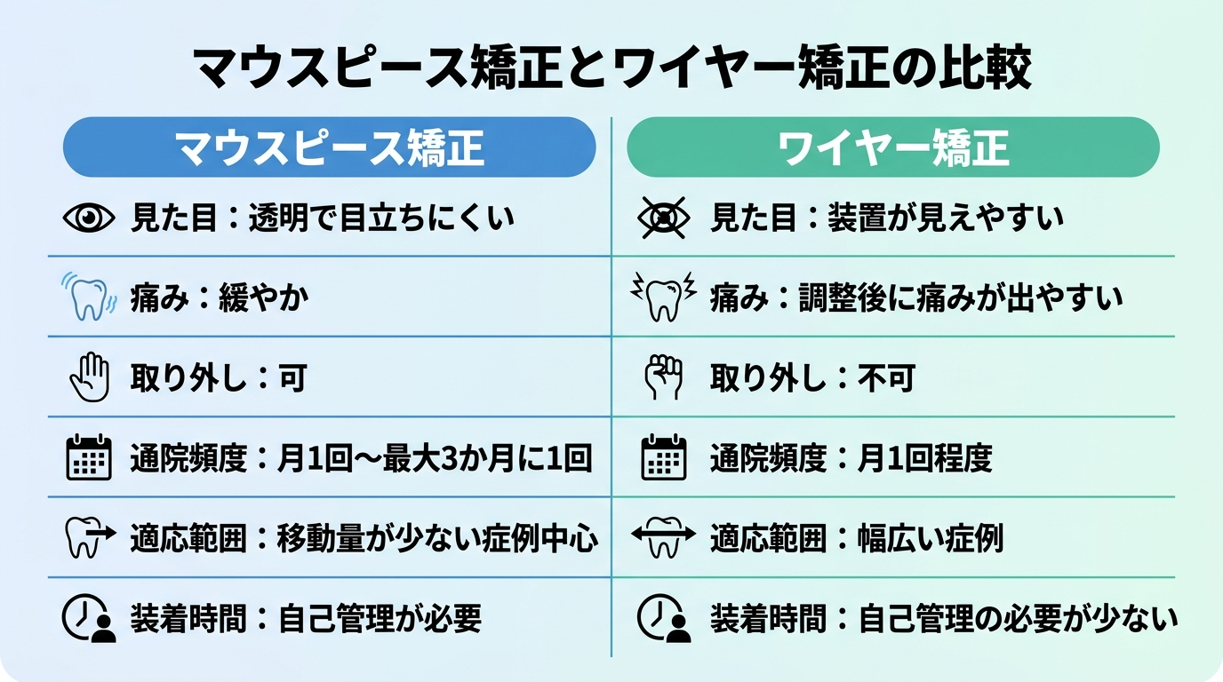 マウスピース矯正とワイヤー矯正の比較表。見た目：マウスピース=透明で目立ちにくい／ワイヤー=装置が見えやすい。痛み：緩やか／調整後に痛みが出やすい。取り外し：可／不可。通院頻度：月1回〜最大3か月に1回／月1回程度。適応範囲：移動量が少ない症例中心／幅広い症例。装着時間：自己管理が必要／自己管理の必要が少ない。