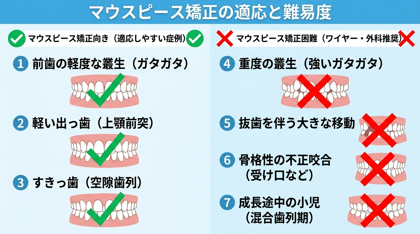 マウスピース矯正の適応可否を示すイラスト図。対応しやすい症例（前歯の軽度な叢生、軽い出っ歯、すきっ歯）を左側に、ワイヤー矯正や外科が必要になりやすい症例（重度の叢生、抜歯を伴う大きな移動、骨格性の不正咬合、成長途中の小児）を右側に、それぞれ歯並びのイラストとチェックマーク/バツ印で対比する