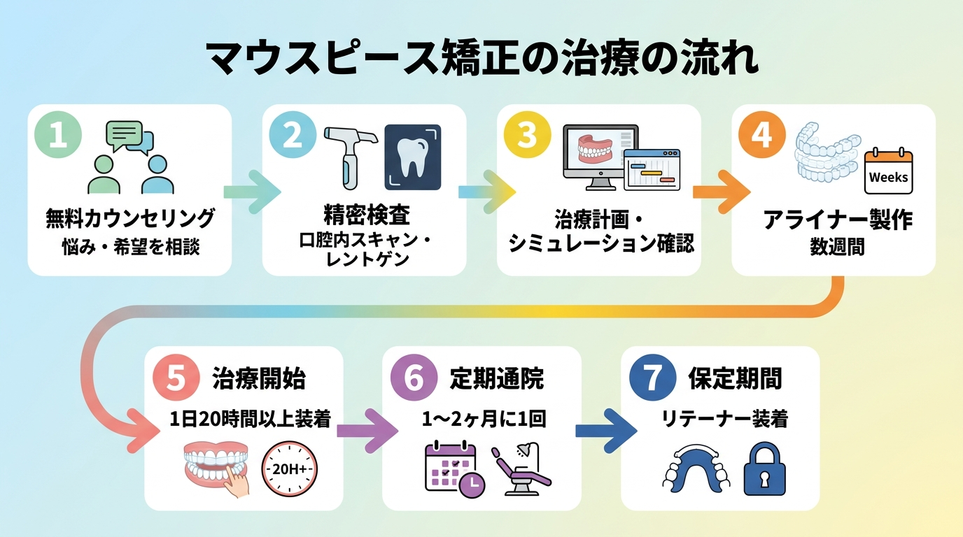 マウスピース矯正の治療の流れを示すフロー図。①無料カウンセリング（悩み・希望を相談）→②精密検査（口腔内スキャン・レントゲン）→③治療計画・シミュレーション確認→④アライナー製作（数週間）→⑤治療開始（1日20時間以上装着）→⑥定期通院（1〜2ヶ月に1回）→⑦保定期間（リテーナー装着）、の7ステップを矢印でつなぐ