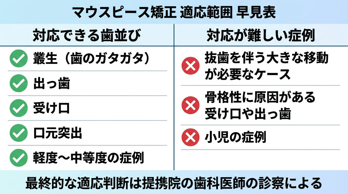 マウスピース矯正の適応範囲を示す早見表チャート。左列「対応できる歯並び」に叢生（歯のガタガタ）・出っ歯・受け口・口元突出・軽度〜中等度の症例、右列「対応が難しい症例」に抜歯を伴う大きな移動が必要なケース・骨格性に原因がある受け口や出っ歯・小児の症例、を○×アイコン付きで対比。下部に「最終的な適応判断は提携院の歯科医師の診察による」の注記