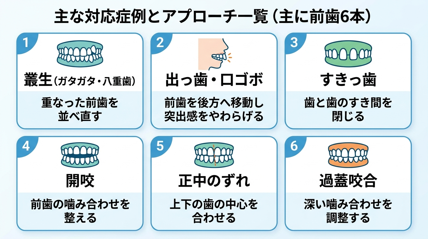 対応症例とアプローチの一覧イラスト。叢生(ガタガタ・八重歯)=重なった前歯を並べ直す、出っ歯・口ゴボ=前歯を後方へ移動し突出感をやわらげる、すきっ歯=歯と歯のすき間を閉じる、開咬=前歯の噛み合わせを整える、正中のずれ=上下の歯の中心を合わせる、過蓋咬合=深い噛み合わせを調整する。対象は主に前歯6本