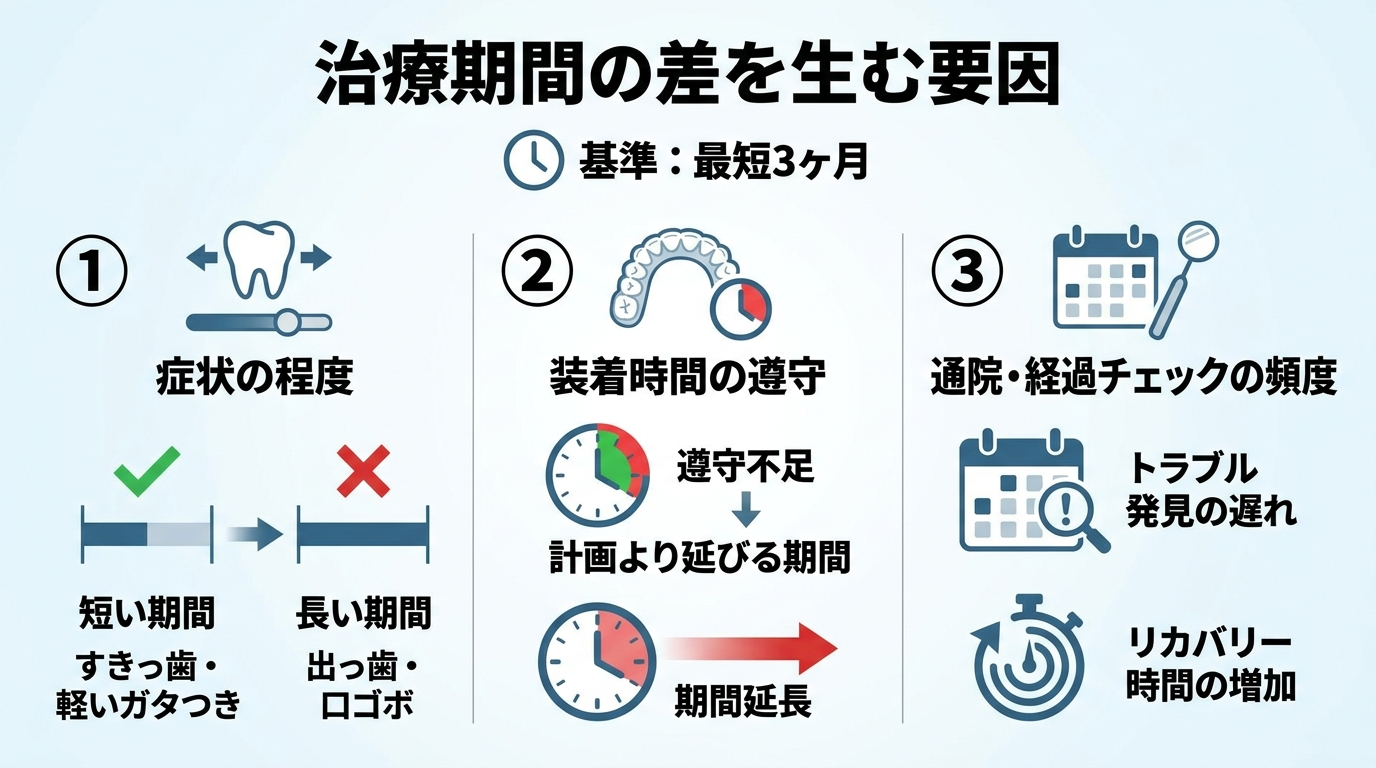 治療期間の差を生む要因インフォグラフィック。基準=最短3ヶ月。期間を左右する要因を3つ図示:①症状の程度(すきっ歯・軽いガタつき=短い/出っ歯・口ゴボ=長い)、②装着時間の遵守(不足すると計画より延びる)、③通院・経過チェックの頻度(トラブル発見の遅れがリカバリー時間に)