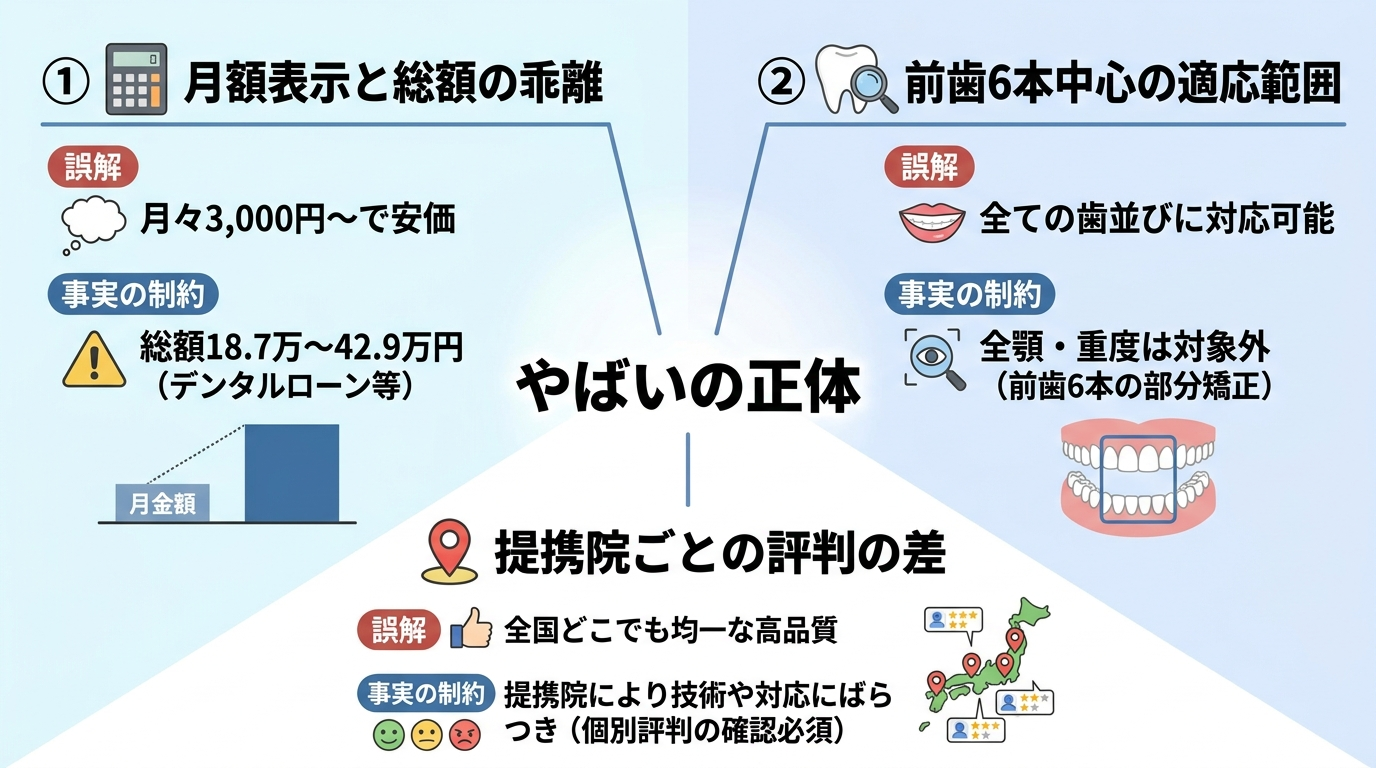スマイルモア矯正が「やばい」と言われる3つの論点を整理したインフォグラフィック。中央に『やばいの正体』、そこから3方向に分岐。①月額表示と総額の乖離(月々3,000円〜 vs 総額18.7万〜42.9万円)②前歯6本中心の適応範囲(全顎・重度は対象外)③提携院ごとの評判の差。各項目に『誤解』『事実の制約』のラベルを付す