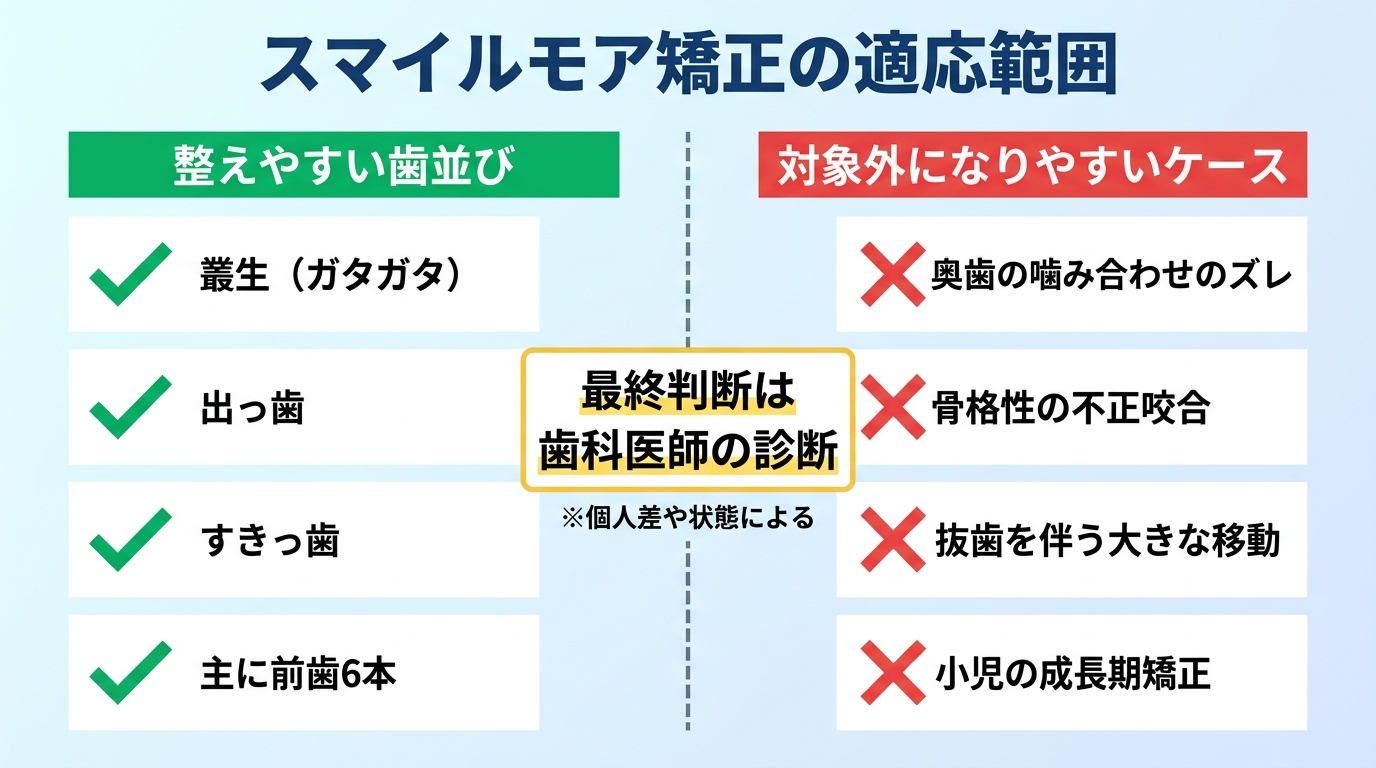 スマイルモア矯正の適応範囲を示すチャート。左側『整えやすい歯並び』に叢生(ガタガタ)・出っ歯・すきっ歯・主に前歯6本を配置。右側『対象外になりやすいケース』に奥歯の噛み合わせのズレ・骨格性の不正咬合・抜歯を伴う大きな移動・小児の成長期矯正を配置。中央に『最終判断は歯科医師の診断』の注記