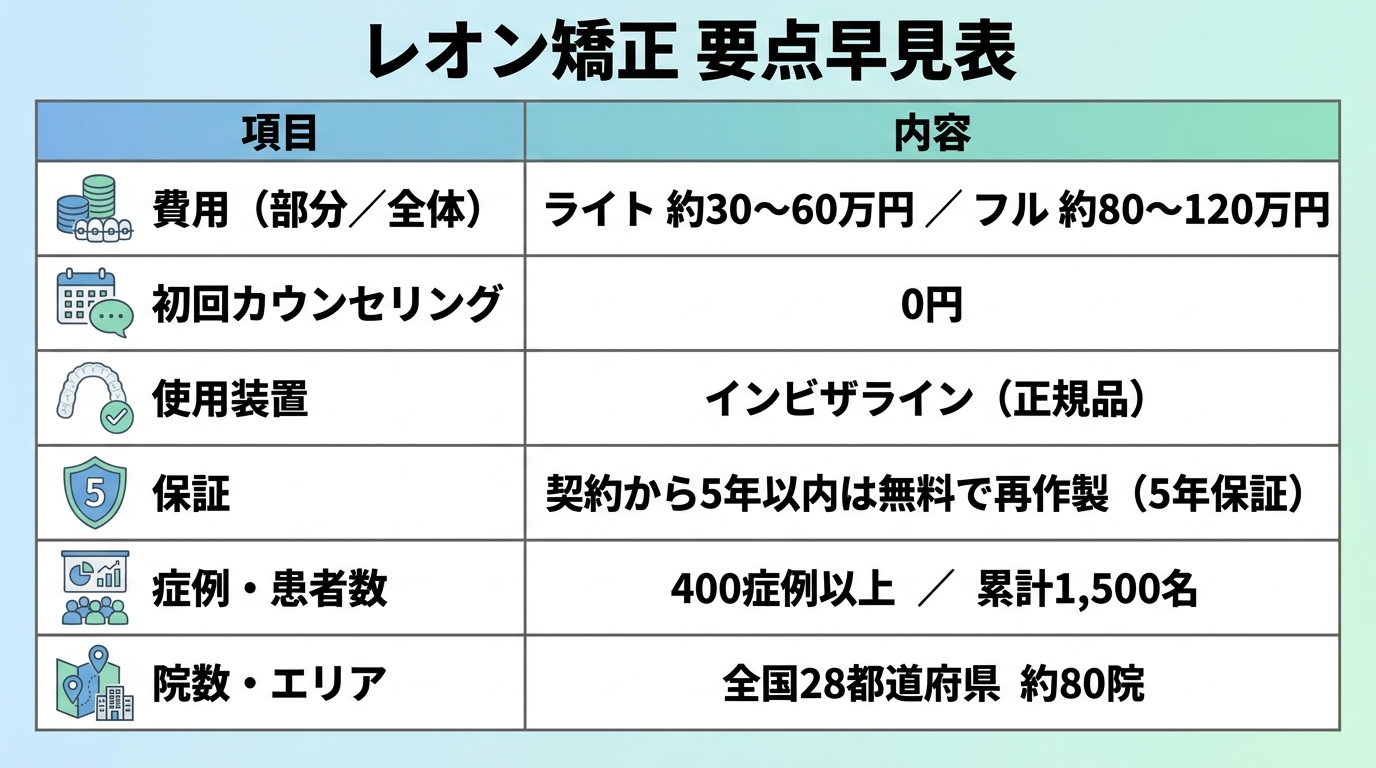 レオン矯正の要点早見表インフォグラフィック。項目と内容を並べる。費用(部分/全体): ライト 約30〜60万円/フル 約80〜120万円、初回カウンセリング: 0円、使用装置: インビザライン(正規品)、保証: 契約から5年以内は無料で再作製(5年保証)、症例・患者数: 400症例以上・累計1,500名、院数・エリア: 全国28都道府県 約80院