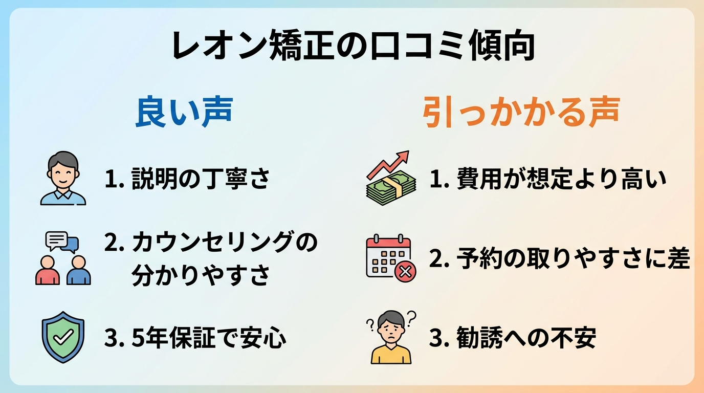 レオン矯正の口コミ傾向イラスト。左側に「良い声」として説明の丁寧さ・カウンセリングの分かりやすさ・5年保証で安心の3項目、右側に「引っかかる声」として費用が想定より高い・予約の取りやすさに差・勧誘への不安の3項目を対比で配置