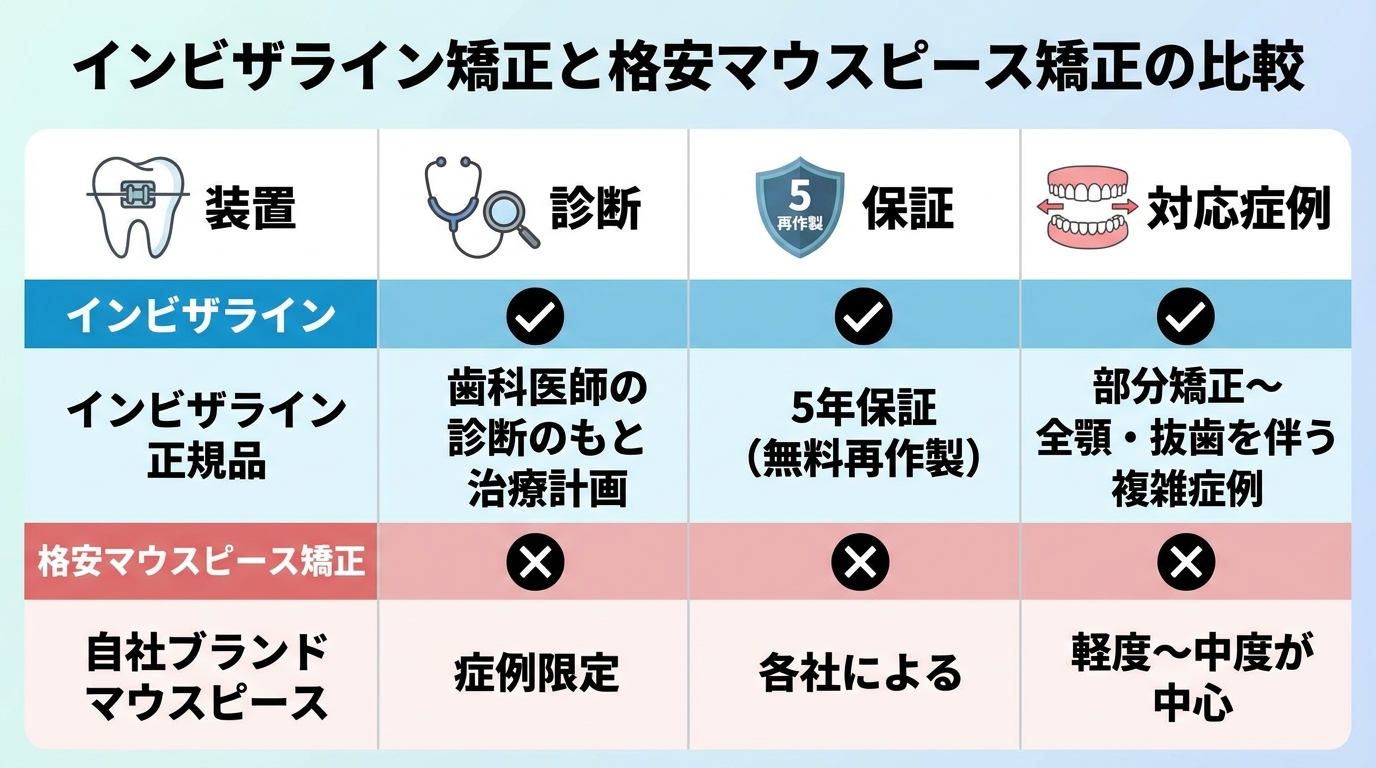 インビザラインと格安マウスピース矯正の違いを装置・診断・保証の3軸で比較する図。装置: インビザライン正規品 vs 自社ブランドマウスピース、診断: 歯科医師の診断のもと治療計画 vs 症例限定、保証: 5年保証(無料再作製) vs 各社による。対応症例はインビザラインが部分矯正〜全顎・抜歯を伴う複雑症例まで、格安サービスは軽度〜中度が中心