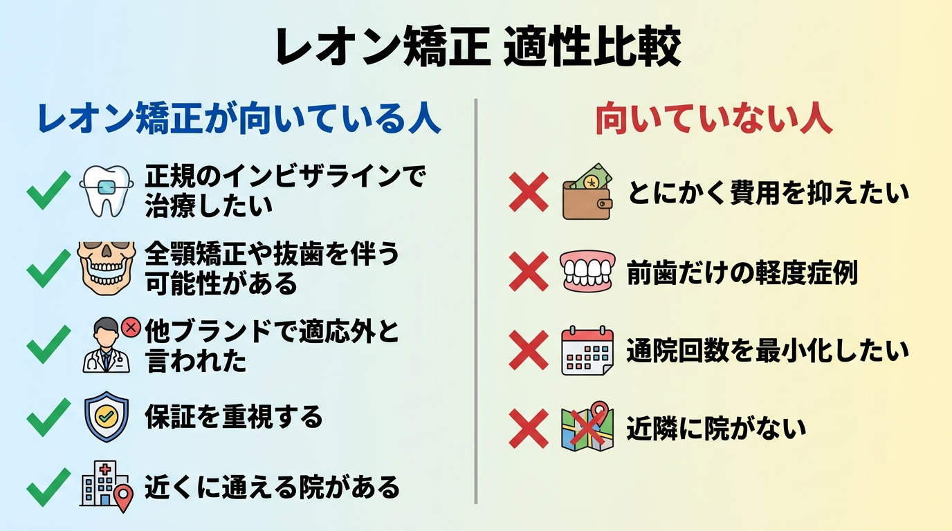 レオン矯正が向いている人・向いていない人の対比イラスト。向いている人: 正規のインビザラインで治療したい・全顎矯正や抜歯を伴う可能性がある・他ブランドで適応外と言われた・保証を重視する・近くに通える院がある。向いていない人: とにかく費用を抑えたい・前歯だけの軽度症例・通院回数を最小化したい・近隣に院がない