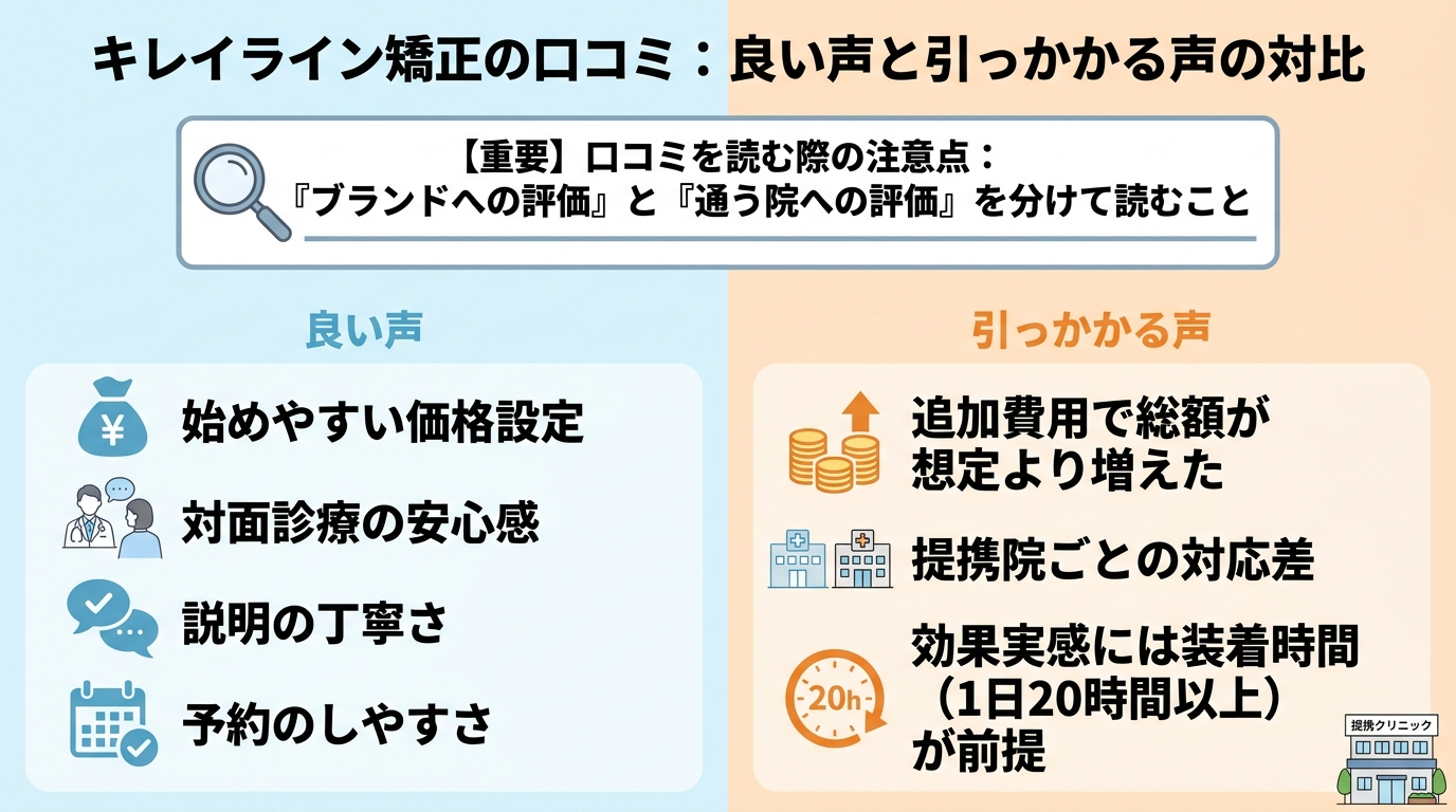 キレイライン矯正の口コミを良い声と引っかかる声に分けて対比したイラスト図。良い声:始めやすい価格設定・対面診療の安心感・説明の丁寧さ・予約のしやすさ。引っかかる声:追加費用で総額が想定より増えた・提携院ごとの対応差・効果実感には装着時間(1日20時間以上)が前提。中央に「ブランドへの評価」と「通う院への評価」を分けて読むという注意書き