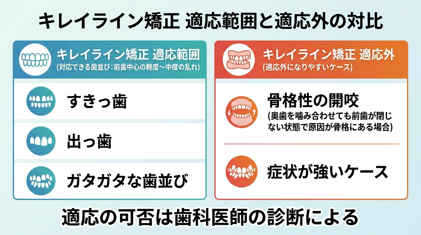 キレイライン矯正の適応範囲と適応外を対比したチャート図。対応できる歯並び:すきっ歯・出っ歯・ガタガタな歯並び(前歯中心の軽度〜中度の乱れ)。適応外になりやすいケース:骨格性の開咬(奥歯を噛み合わせても前歯が閉じない状態で原因が骨格にある場合)・症状が強いケース。下部に「適応の可否は歯科医師の診断による」と注記