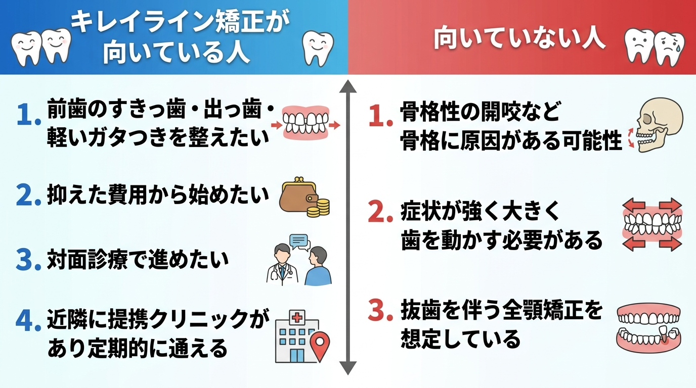 キレイライン矯正が向いている人・向いていない人を左右対比したイラスト図。向いている人:前歯のすきっ歯・出っ歯・軽いガタつきを整えたい/抑えた費用から始めたい/対面診療で進めたい/近隣に提携クリニックがあり定期的に通える。向いていない人:骨格性の開咬など骨格に原因がある可能性/症状が強く大きく歯を動かす必要がある/抜歯を伴う全顎矯正を想定している