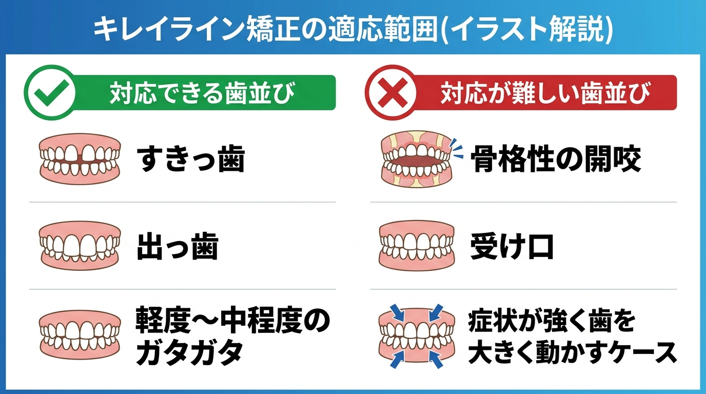 キレイライン矯正の適応範囲を示すイラスト。対応できる歯並び(すきっ歯・出っ歯・軽度〜中程度のガタガタ)を緑のチェック、対応が難しい歯並び(骨格性の開咬・受け口・症状が強く歯を大きく動かすケース)を赤のバツで対比した図解