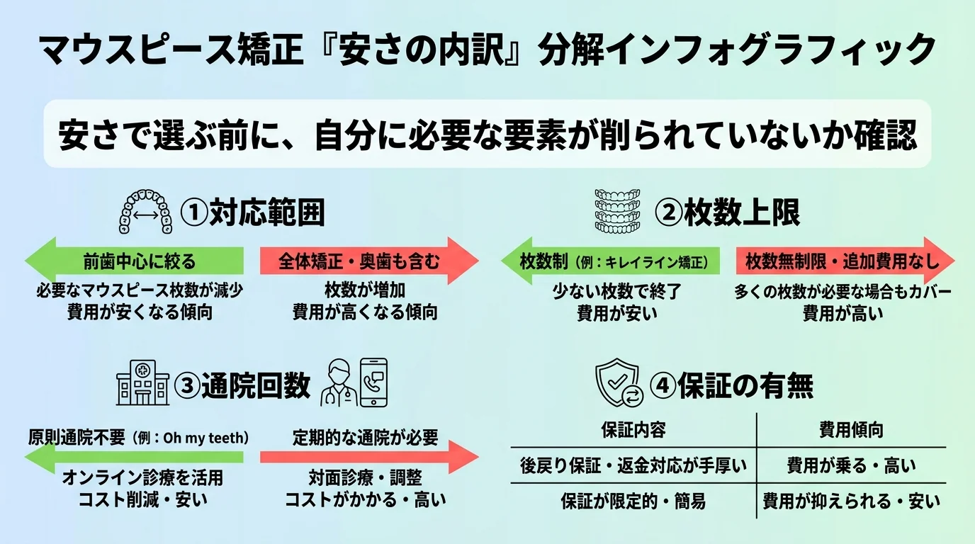 マウスピース矯正の『安さの内訳』を分解するインフォグラフィック。4つの要因を並べる:①対応範囲(前歯中心に絞ると必要な枚数が減り安くなる)②枚数上限(キレイライン矯正のような枚数制は枚数が少ないほど安い)③通院回数(Oh my teethのように矯正開始後の通院を原則不要にするとコストが下がる)④保証の有無(後戻り保証・返金対応が手厚いほど費用が乗る)。中央に『安さで選ぶ前に、自分に必要な要素が削られていないか確認』