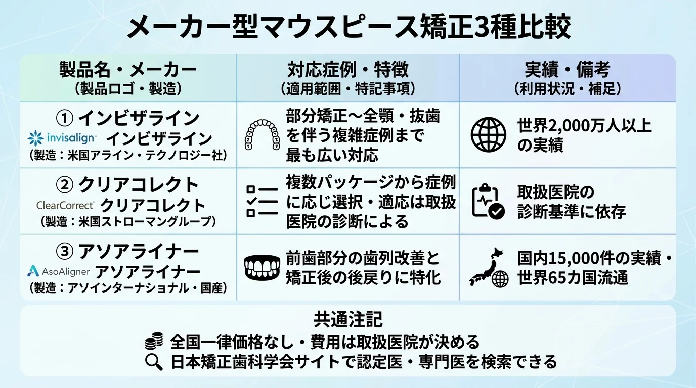 メーカー型3種の装置を比較するインフォグラフィック。①インビザライン(製造:米国アライン・テクノロジー社/対応症例:部分矯正〜全顎・抜歯を伴う複雑症例まで最も広い/実績:世界2,000万人以上)②クリアコレクト(製造:米国ストローマングループ/複数パッケージから症例に応じ選択/適応は取扱医院の診断による)③アソアライナー(製造:アソインターナショナル・国産/前歯部分の歯列改善と矯正後の後戻りに特化/実績:国内15,000件・世界65カ国流通)。共通注記『全国一律価格なし・費用は取扱医院が決める/日本矯正歯科学会サイトで認定医・専門医を検索できる』