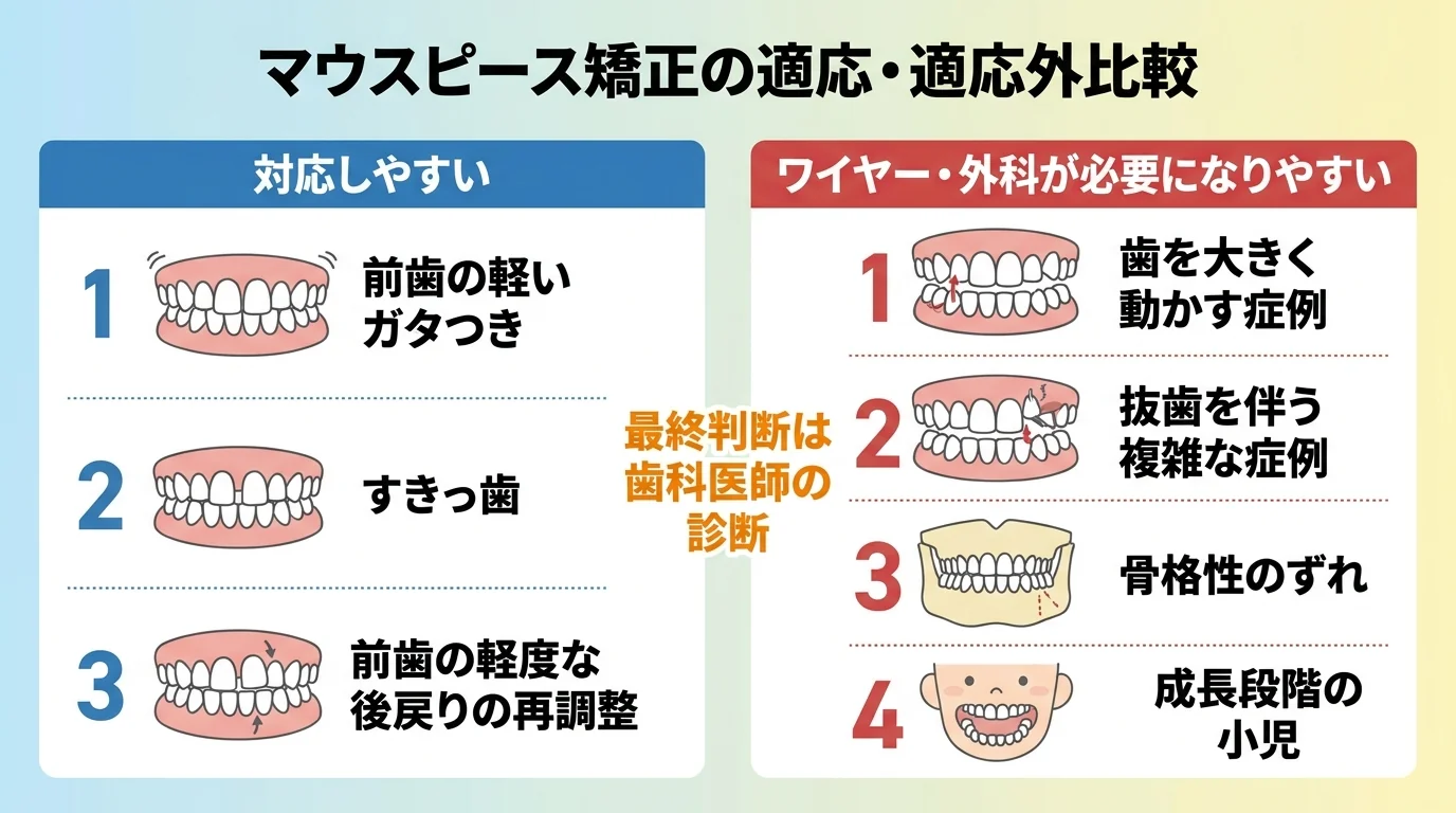 マウスピース矯正の適応・適応外を左右2列で対比するイラスト。左『対応しやすい』=前歯の軽いガタつき、すきっ歯、前歯の軽度な後戻りの再調整。右『ワイヤー・外科が必要になりやすい』=歯を大きく動かす症例、抜歯を伴う複雑な症例、骨格性のずれ、成長段階の小児。中央に『最終判断は歯科医師の診断』と注記