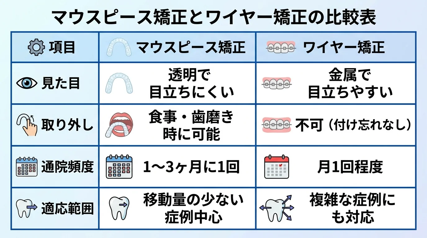 マウスピース矯正とワイヤー矯正の比較表インフォグラフィック。項目行: 見た目=マウスピース『透明で目立ちにくい』/ワイヤー『金属で目立ちやすい』、取り外し=マウスピース『食事・歯磨き時に可能』/ワイヤー『不可(付け忘れなし)』、通院頻度=マウスピース『1〜3ヶ月に1回』/ワイヤー『月1回程度』、適応範囲=マウスピース『移動量の少ない症例中心』/ワイヤー『複雑な症例にも対応』