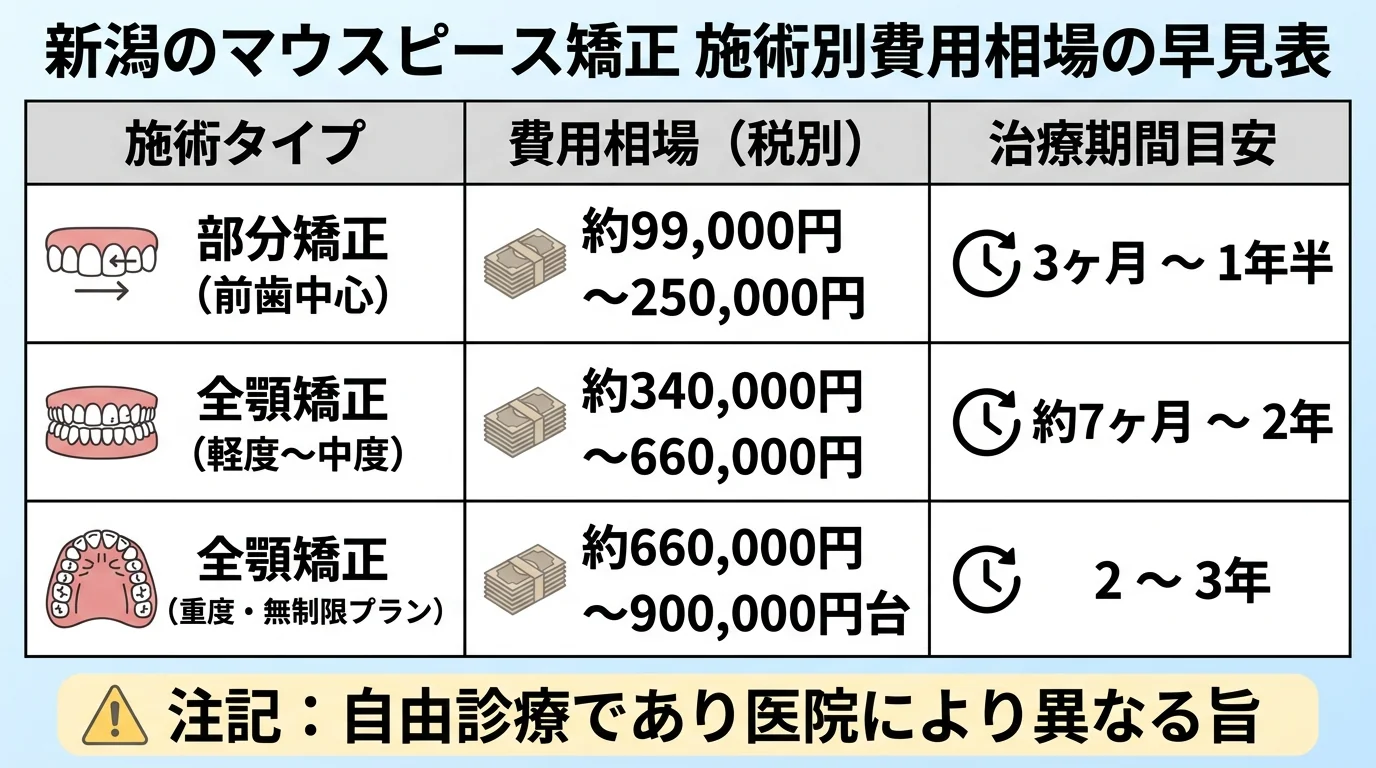 新潟のマウスピース矯正 施術別費用相場の早見表。部分矯正(前歯中心)約99,000円〜250,000円・治療期間3ヶ月〜1年半/全顎矯正(軽度〜中度)約340,000円〜660,000円・約7ヶ月〜2年/全顎矯正(重度・無制限プラン)約660,000円〜900,000円台・2〜3年。自由診療で医院により異なる旨の注記を含む