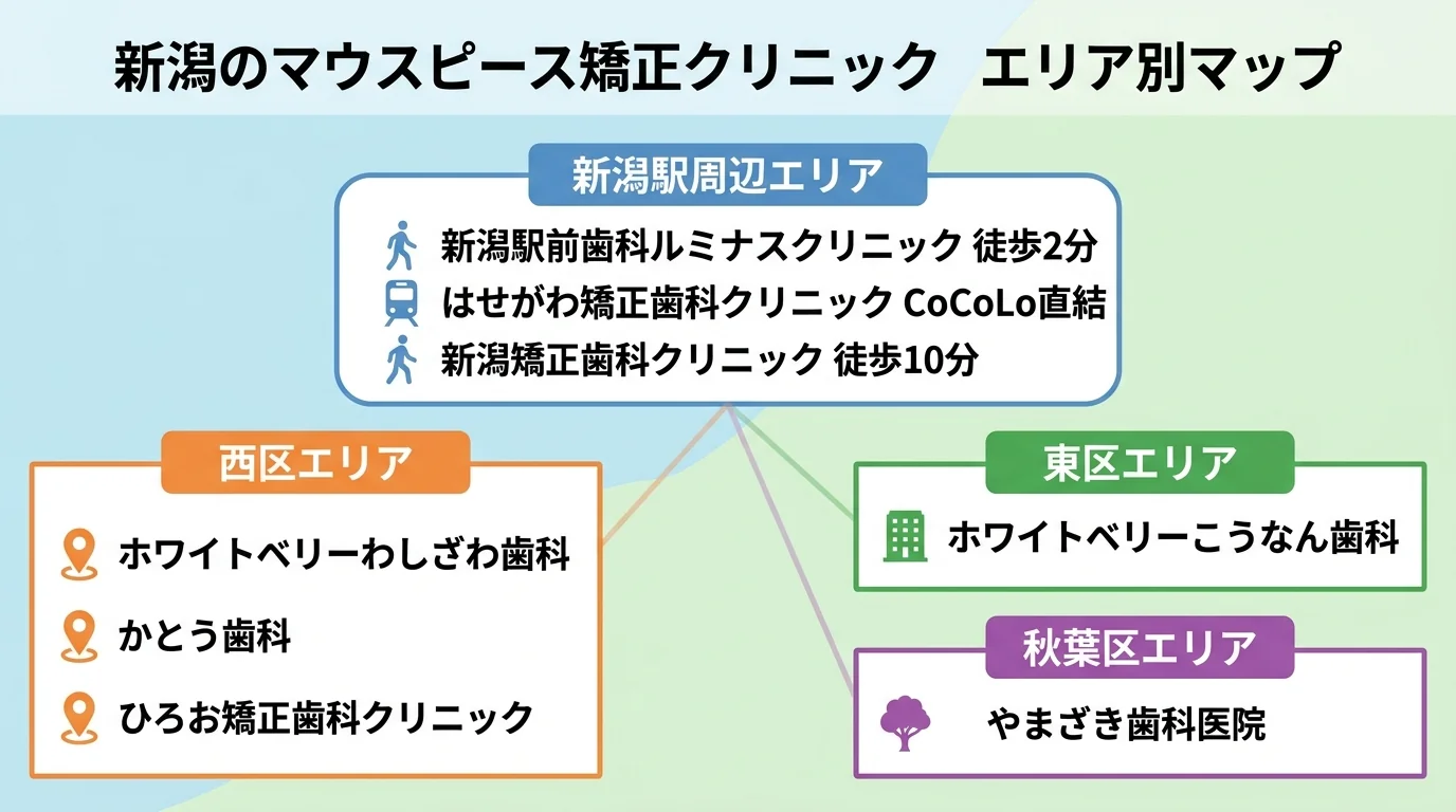 新潟のマウスピース矯正クリニック エリア別マップ風イラスト。新潟駅周辺(新潟駅前歯科ルミナスクリニック 徒歩2分・はせがわ矯正歯科クリニック CoCoLo直結・新潟矯正歯科クリニック 徒歩10分)、西区(ホワイトベリーわしざわ歯科・かとう歯科・ひろお矯正歯科クリニック)、秋葉区(やまざき歯科医院)、東区(ホワイトベリーこうなん歯科)を配置