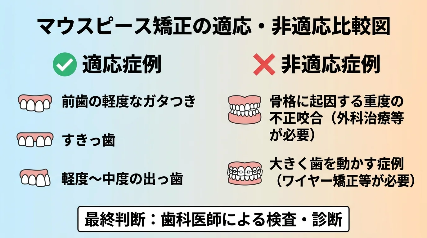 マウスピース矯正の適応症例と非適応症例の比較図。適応:前歯の軽度なガタつき・すきっ歯・軽度〜中度の出っ歯。非適応:骨格に起因する重度の不正咬合・大きく歯を動かす症例(ワイヤー矯正や外科治療が必要)。最終判断は歯科医師の検査・診断による旨を明記