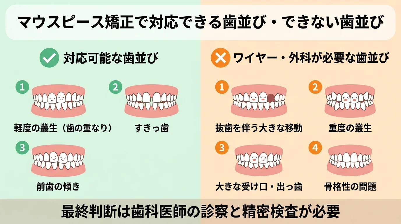 マウスピース矯正の適応範囲を示すイラスト図解。タイトル『マウスピース矯正で対応できる歯並び・できない歯並び』。左側（対応可能・緑）：軽度の叢生（歯の重なり）、すきっ歯、前歯の傾き。右側（ワイヤー・外科が必要・オレンジ）：抜歯を伴う大きな移動、重度の叢生、大きな受け口・出っ歯、骨格性の問題。下部に注記『最終判断は歯科医師の診察と精密検査が必要』