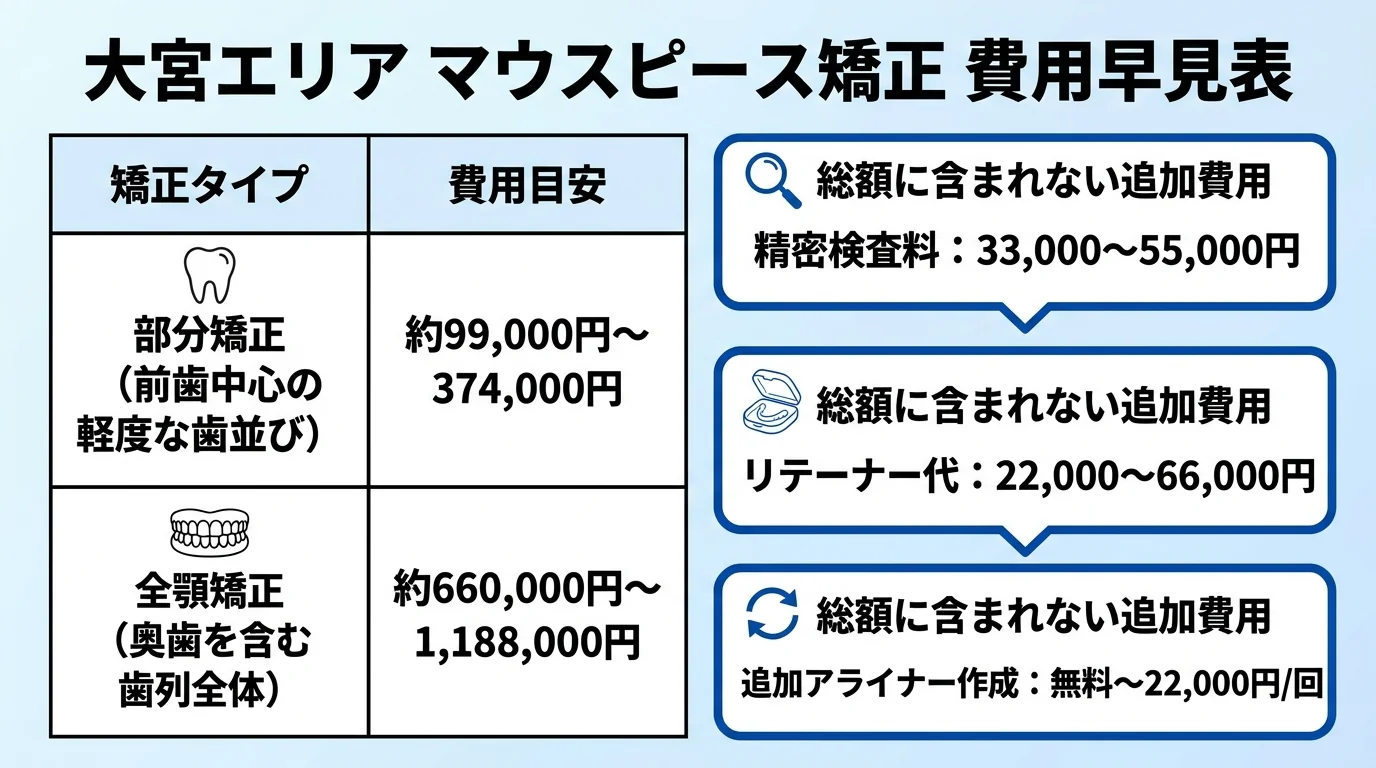 大宮エリアのマウスピース矯正 費用早見表インフォグラフィック。部分矯正 約99,000円〜374,000円（前歯中心の軽度な歯並び）、全顎矯正 約660,000円〜1,188,000円（奥歯を含む歯列全体）。加えて総額に含まれない費用として、精密検査料 33,000〜55,000円、リテーナー代 22,000〜66,000円、追加アライナー作成 無料〜22,000円/回を吹き出しで示す