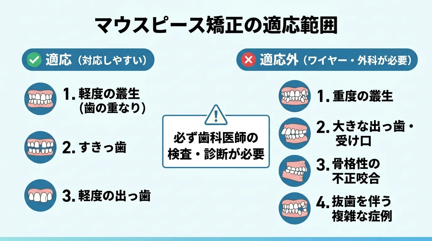 マウスピース矯正の適応と適応外を分けたイラスト図。適応（対応しやすい）：軽度の叢生（歯の重なり）、すきっ歯、軽度の出っ歯。適応外（ワイヤー・外科が必要）：重度の叢生、大きな出っ歯・受け口、骨格性の不正咬合、抜歯を伴う複雑な症例。中央に『必ず歯科医師の検査・診断が必要』の注記