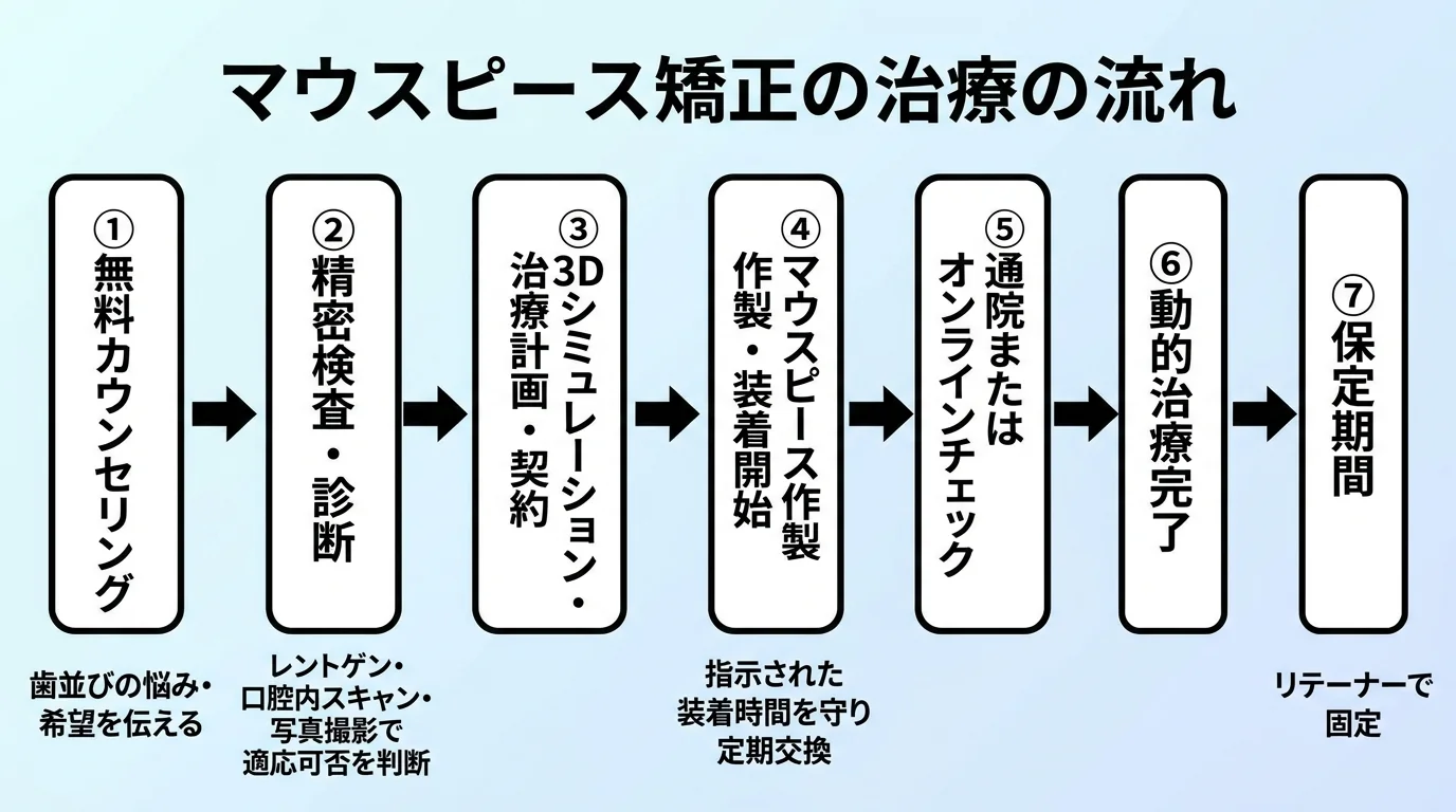 マウスピース矯正の治療の流れフロー図。①無料カウンセリング（歯並びの悩み・希望を伝える）→②精密検査・診断（レントゲン・口腔内スキャン・写真撮影で適応可否を判断）→③3Dシミュレーション・治療計画・契約→④マウスピース作製・装着開始（指示された装着時間を守り定期交換）→⑤通院またはオンラインチェック→⑥動的治療完了→⑦保定期間（リテーナーで固定）