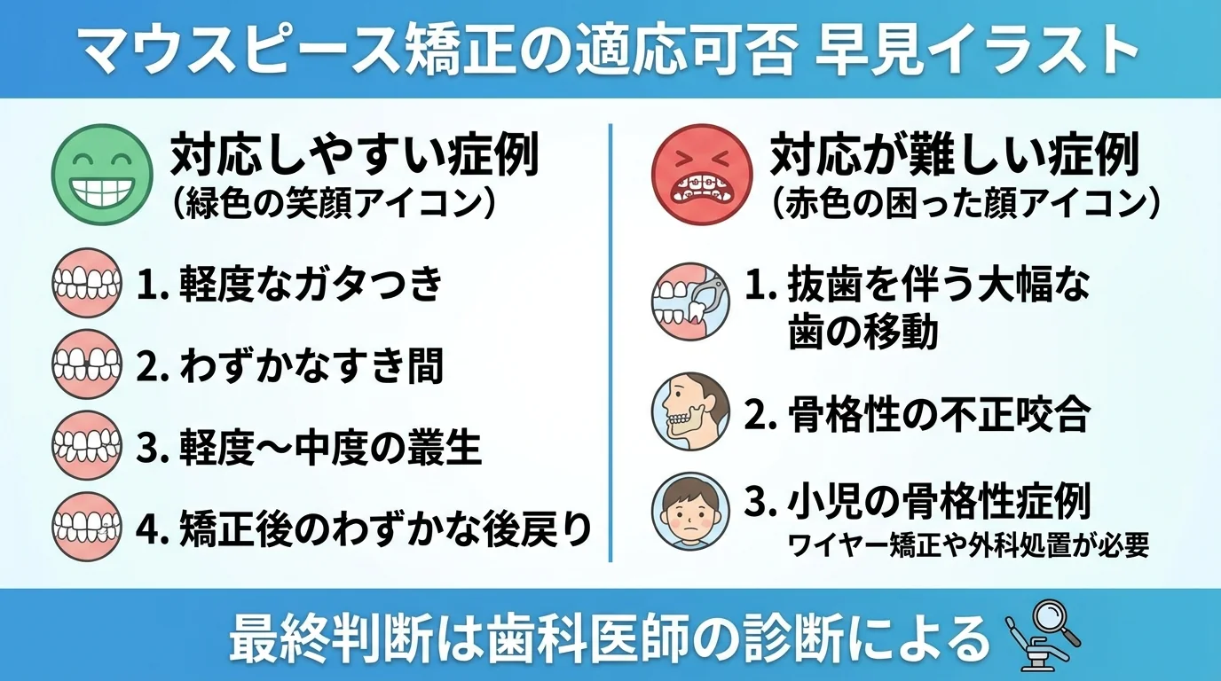 マウスピース矯正の適応可否 早見イラスト。対応しやすい症例=前歯の軽度なガタつき・わずかなすき間・軽度〜中度の叢生・矯正後のわずかな後戻り。対応が難しい症例=抜歯を伴う大幅な歯の移動・骨格性の不正咬合・小児の骨格性症例(ワイヤー矯正や外科処置が必要)。最終判断は歯科医師の診断による旨を注記